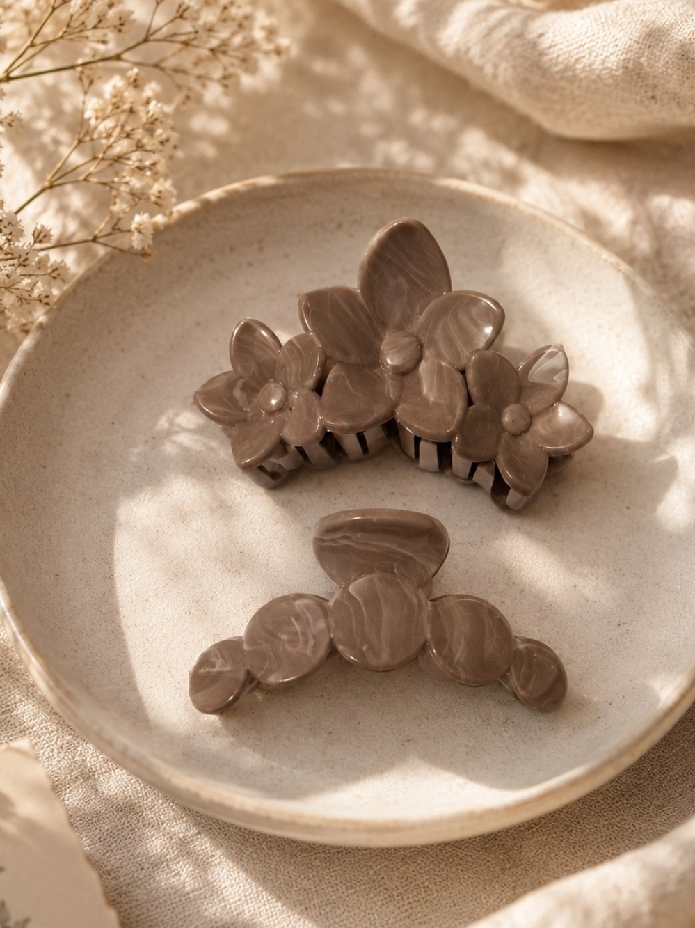 Neutral Coffee Brown Floral & Circle Hair Claw Clip Set New